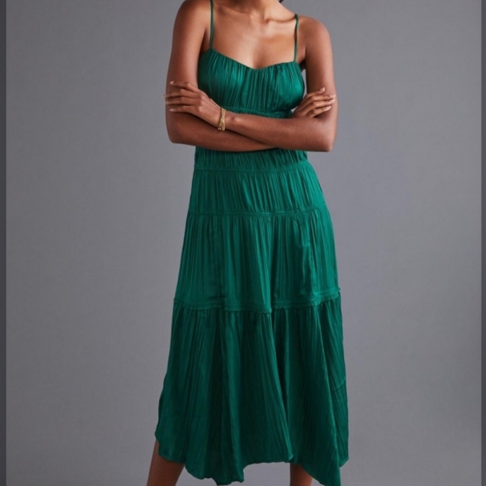 Emerald Green Goddess Anthropologie Ruched Slip-Dress